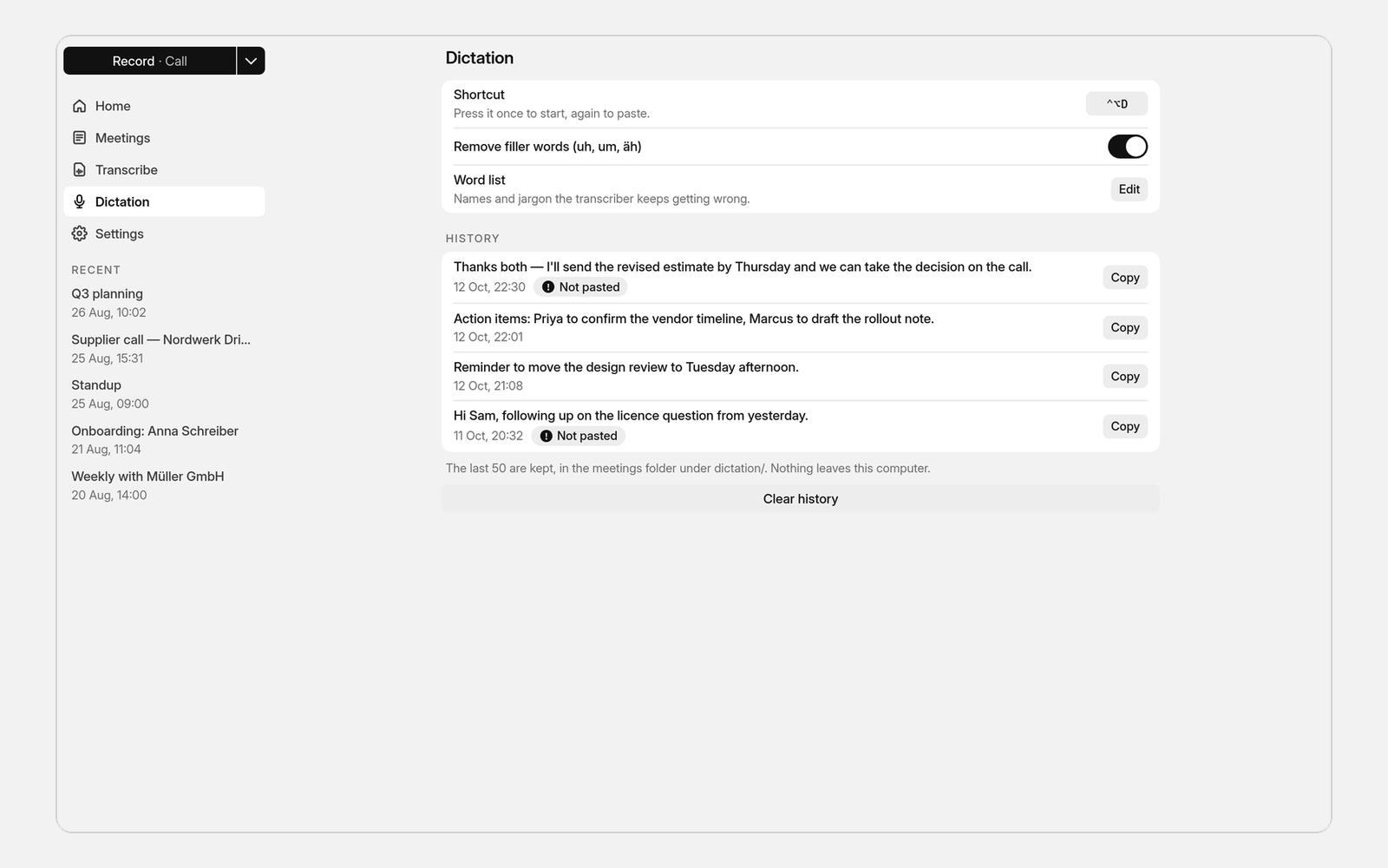 The dictation page with the shortcut, the word list and the last dictations.