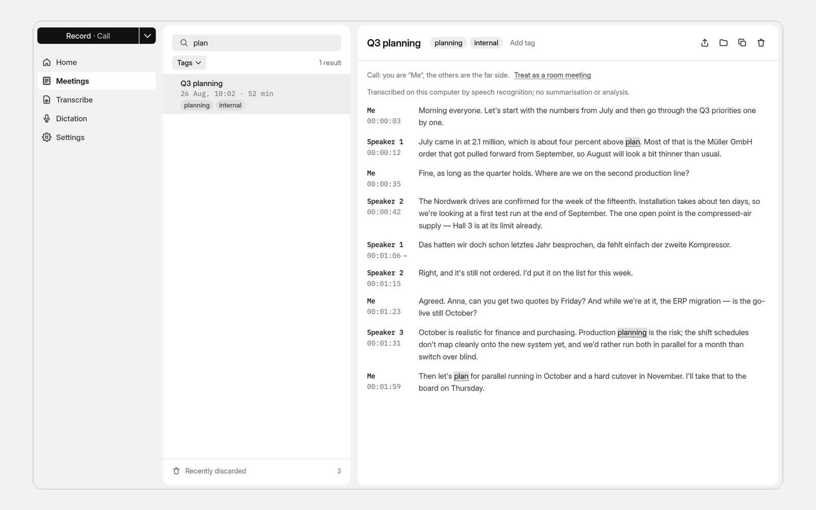 Full-text search runs across every transcript and marks each hit.